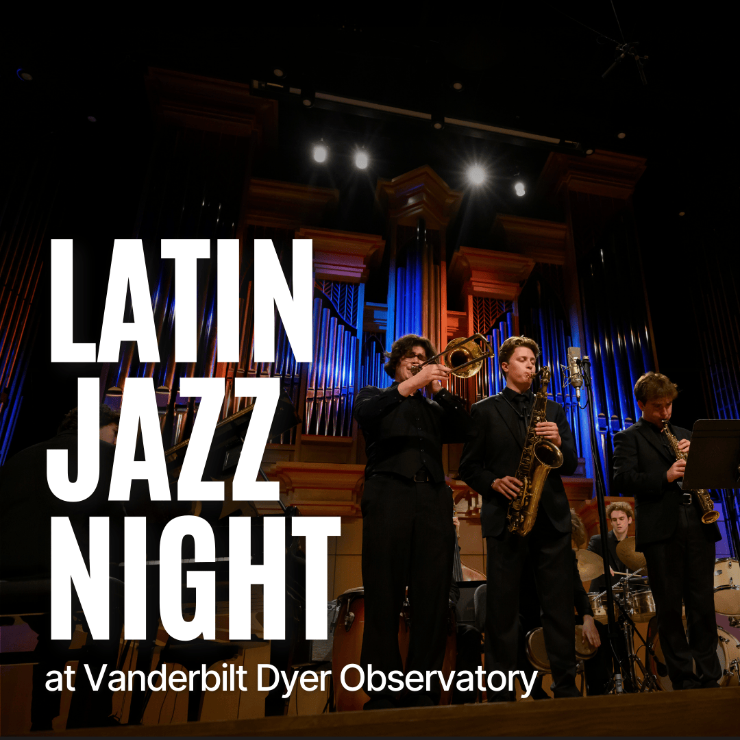 Musicians from the Blair Latin Jazz Ensemble perform on stage with brass instruments against a backdrop of large organ pipes, promoting 