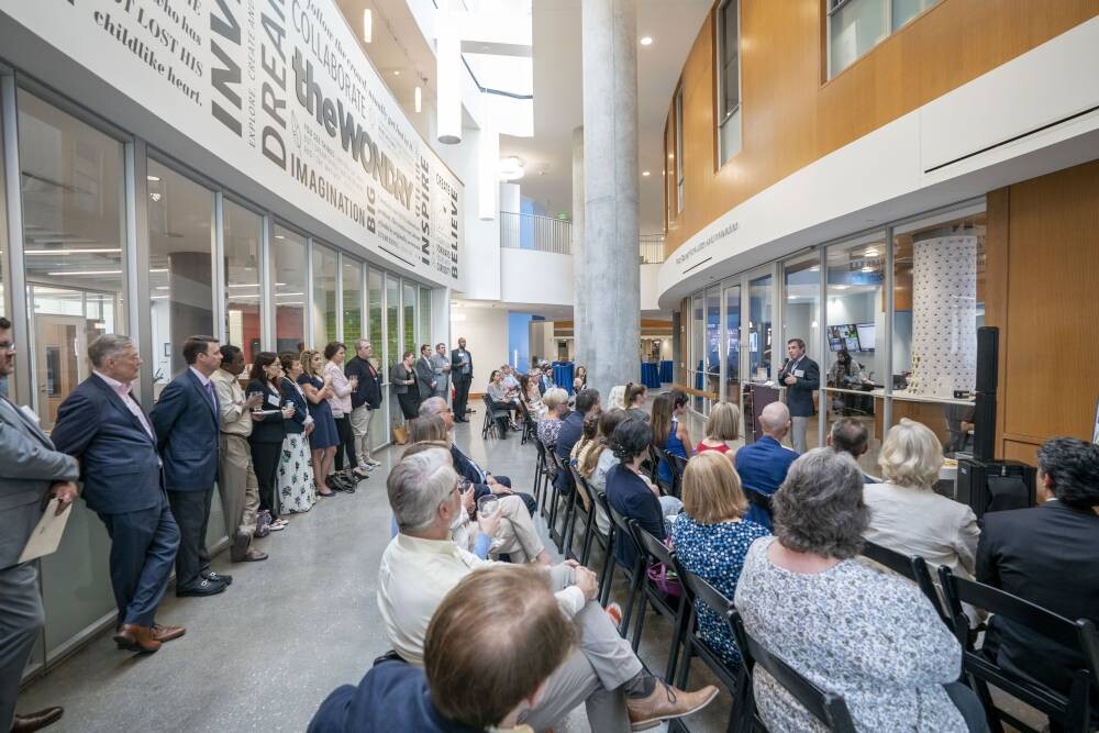 Attendees at the grand opening of the Frist Center for Autism and Innovation watch speeches given by leadership. Attendees at the grand opening of the Frist Center for Autism and Innovation watch speeches given by leadership.