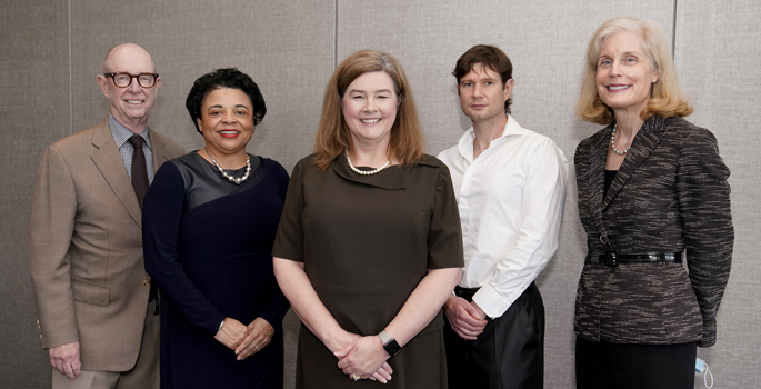 Lawrence Marnett, PhD, left, and Jennifer Pietenpol, PhD, right, presented 2021 Research Staff Awards to Kimberly Newsom, second from left, Tracie Baker, CCRP, and Pavlo Gilchuk, PhD.