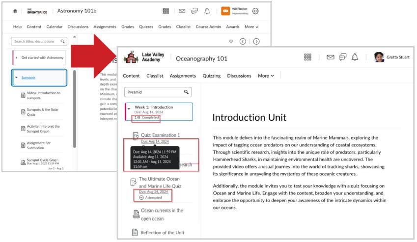 The image shows a comparison of the New Content Experience before and after. On the left, the previous content interface shows topics in a list without a progress indicator. On the right, the updated interface displays progress indicators next to each topic, checkmarks for completed items, and fractional progress. Due dates are shown on one line, with a tooltip for additional details on hover.