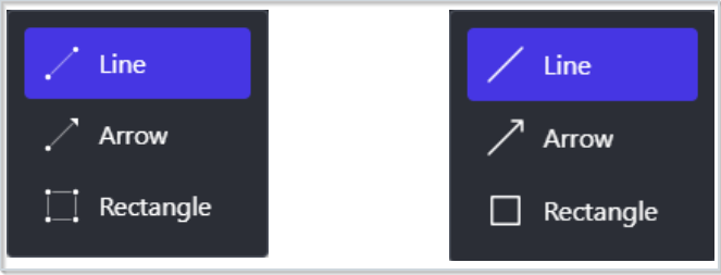 A comparison of the Line tool icons between the previous icon style (left) and the new icon style (right).