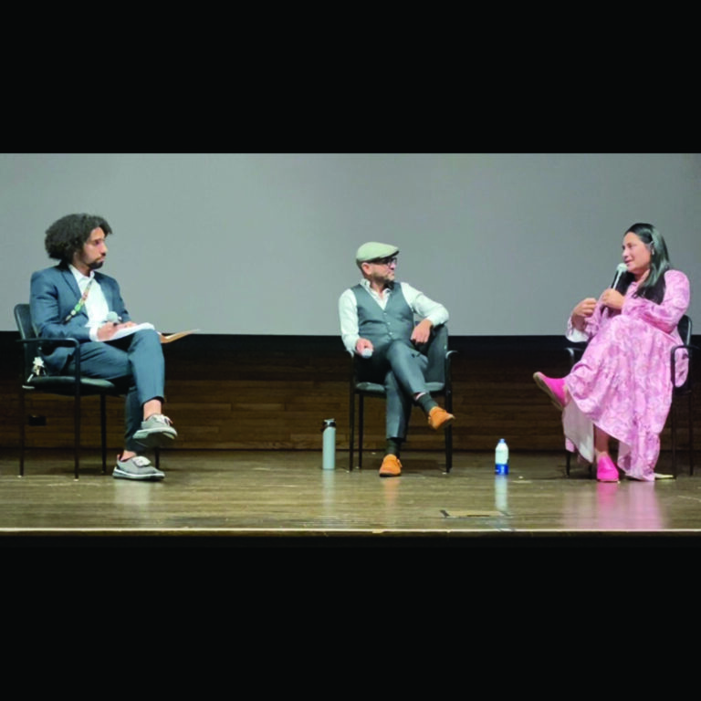 Image of Samar Ali (right) and Waheed AlQawasmi (center) during a discussion that took place in October 2024 after a screening of JACIR that EADJ hosted in collaboration with INTERNATIONAL LENS at Vanderbilt’s Department of Cinema & Media Arts. 