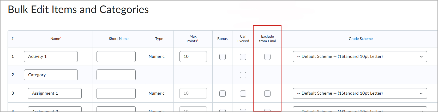 Bulk Edit Items and Categories screen, with the Exclude from Final column highlighted.