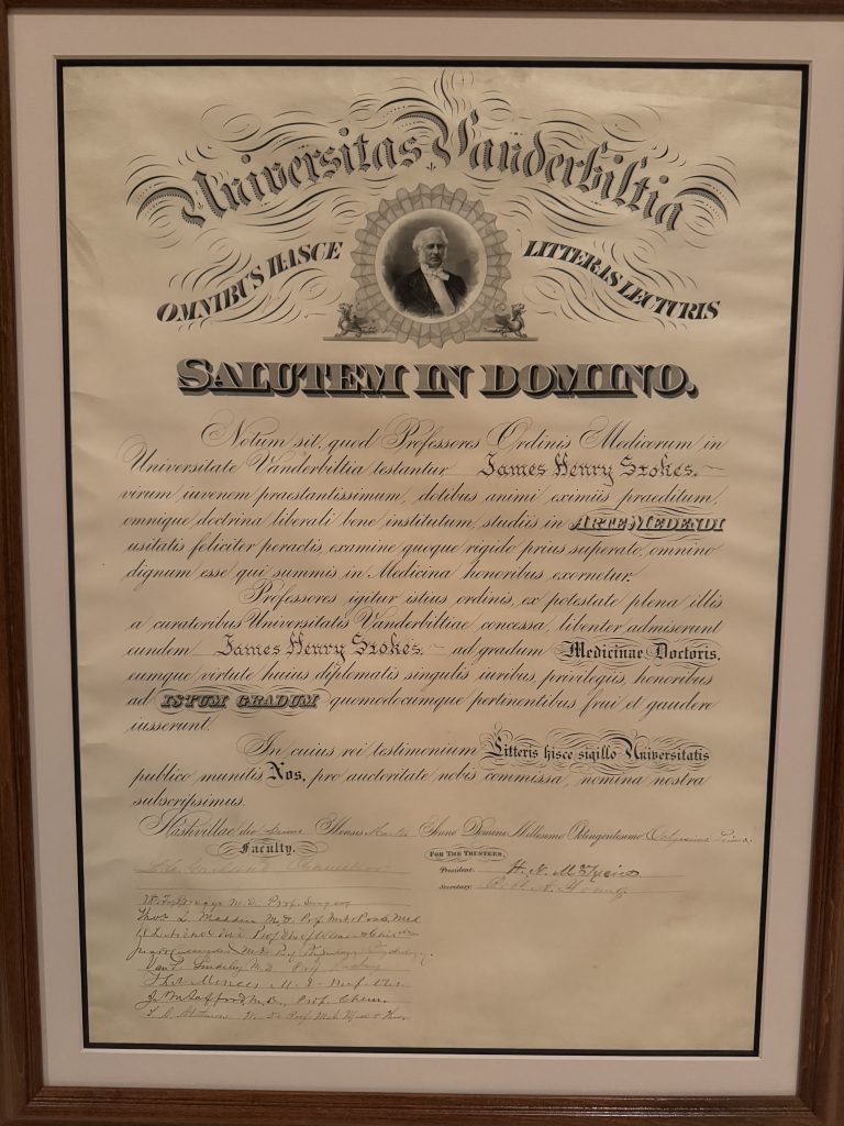 VUSM diploma of Dr. Henry James Stokes, class of 1881