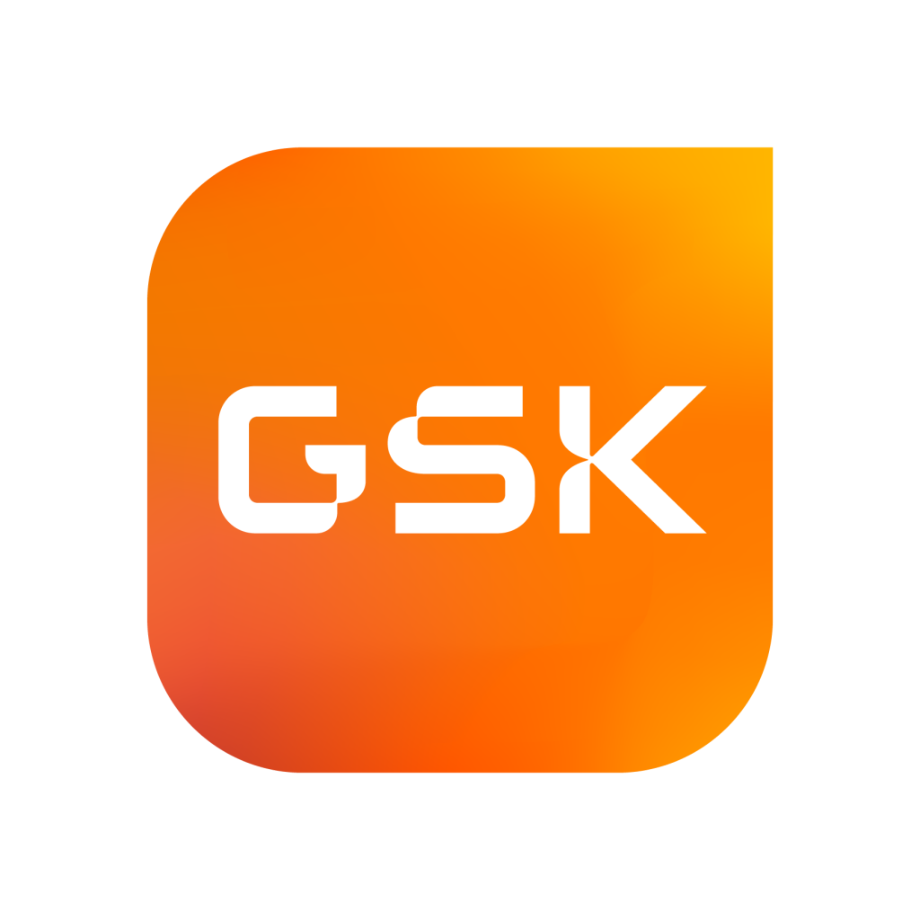 Orange square with three rounded corners (top right corner is a right angle) with white "GSK" in the center of the square.