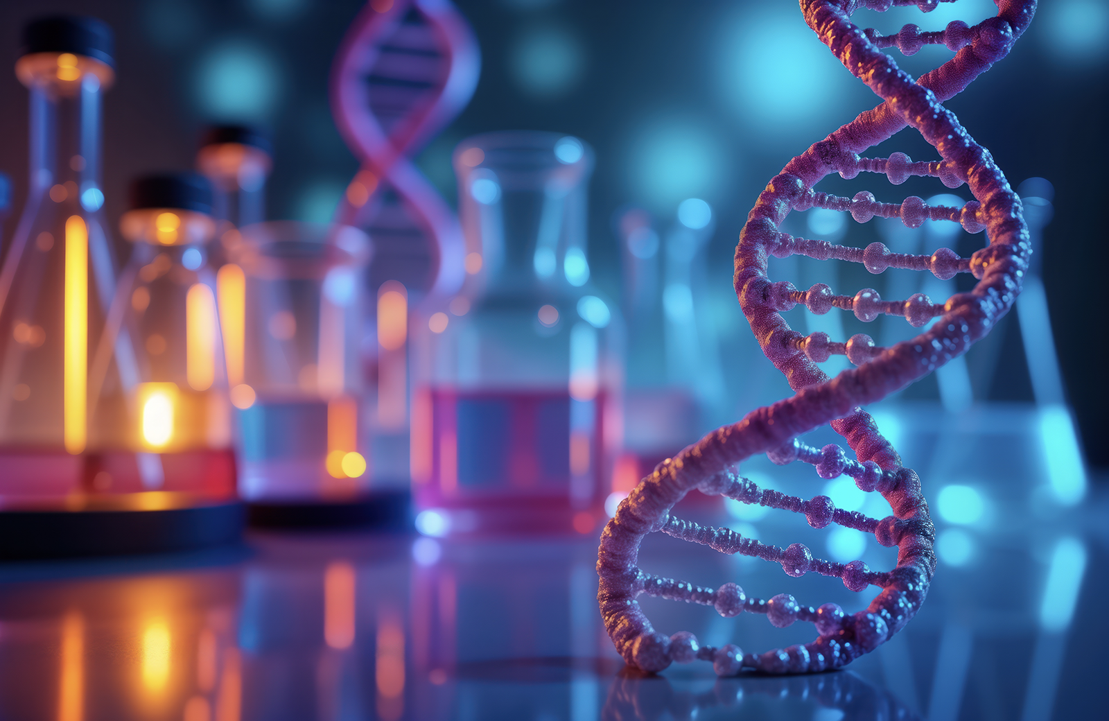 DNA helix genetic disease study. Test tubes surround DNA structure. Research, treatment of genetic diseases in lab. DNA mutations. Scientific equipment in lab. Modern bio research. Pro health care. Adobe Stock image by Viktor, Generated with AI