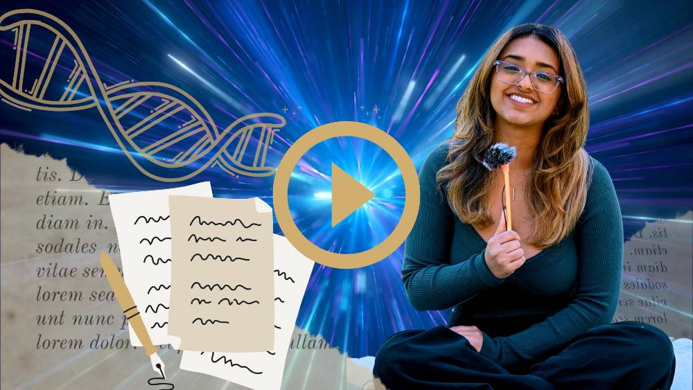 student holding a mic with blue background and illustrations