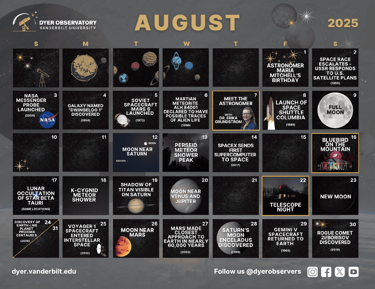 August 2025 calendar for download with moon phases, historical astrological events, and Dyer community events highlighted