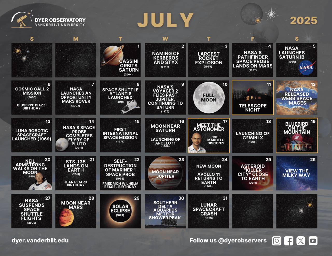 July 2025 calendar for download with moon phases, historical astrological events, and Dyer community events highlighted