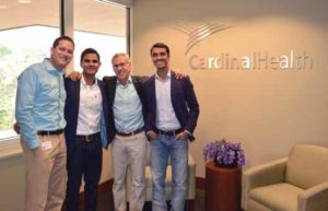 Summer interns and current MBA students Mark Fergason, BA’08, Kartik Varma, and Sid Shetty, join Cardinal Health CEO George Barrett (third from left) for a group photo. Fergason and Shetty will join Cardinal after graduation, while Varma is joining American Airlines, another company that enjoys a strong Owen alumni network.