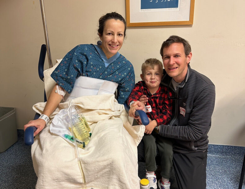 The Drewes family — Margaret, Everett and Matthew — at the hospital after her surgery and before Everett’s surgery. 
