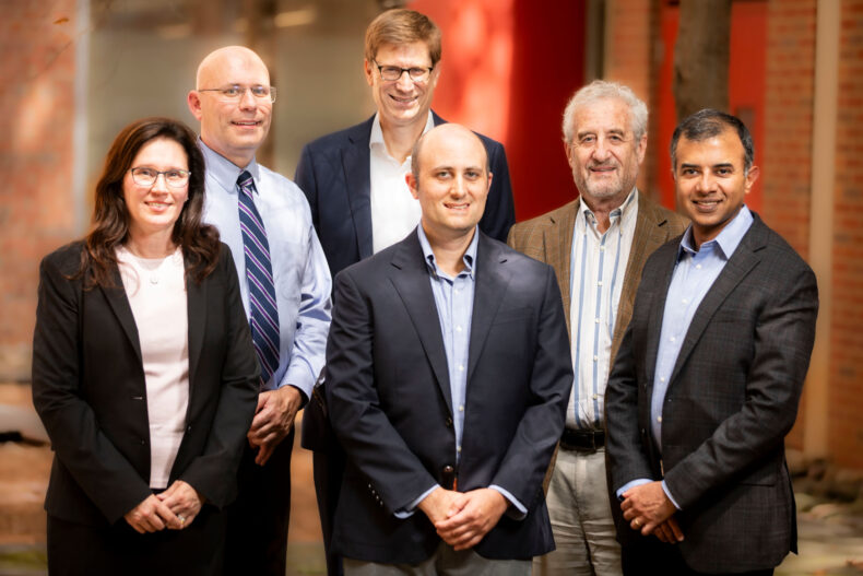 Co-principal investigators of the genomic-enabled learning health system coordinating center and clinical site are, front row from left, Carolyn Audet, PhD, Alexander Bick, MD, PhD, and Sunil Kripalani, MD, MSc, and, back row from left, Wesley Self, MD, MPH, Josh Peterson, MD, MPH, and Dan Roden, MD. (photo by Susan Urmy)