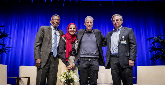 Jon Stewart, comedian, advocate and television host, second from right, participated in a panel discussion on advocacy at Vanderbilt last week. Other panelists included, from left, Walter Clair, MD, MPH, fourth-year medical student Ayesha Muhammad, PhD, and Robert Miller, MD. 