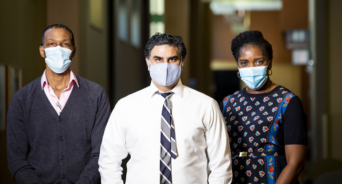 The care team at the Vanderbilt Adolescent and Young Adult Health Care Transition Clinic includes DeWayne Parker, LBSW, left, Neerav Desai, MD, and Aima Ahonkhai, MD, MPH.