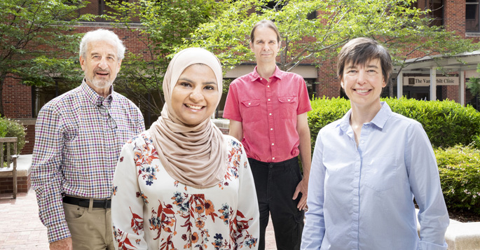From left, Dan Roden, MD, Ayesha Muhammad, Jonathan Mosley, MD, PhD, and Sara Van Driest, MD, PhD, found that a genome-wide approach can improve the prediction of drug responses.