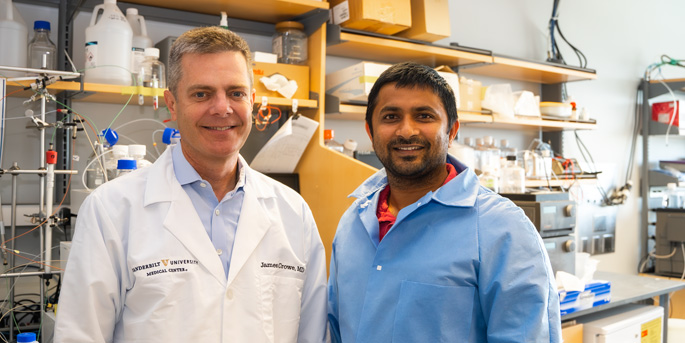 James Crowe, Jr., MD, left, and Naveenchandra Suryadevara, PhD, have discovered a monoclonal antibody with therapeutic potential that neutralizes both RSV and hMPV. (photo by Anthony Czelusniak)