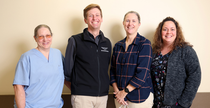 The certification team included, from left, Arlene Boudreaux, MSN, RN, CNRN, Ryan Schell, PharmD, BCPS, Fenna Phibbs, MD, MPH, and Jessica Stroh, RN. (photo by Donn Jones)