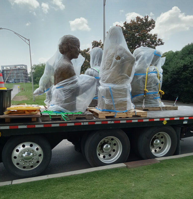 The statue being transported to its exhibit at the Parthenon in Centennial Park. (photo by Elizabeth Cave)