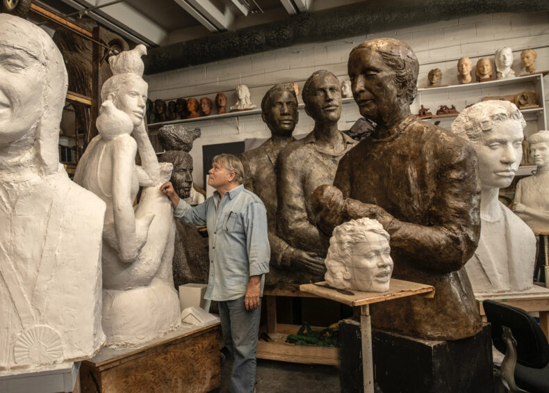 Sculptor Alan LeQuire in his Nashville studio among new works in progress, including a portrait inspired by Mildred T. Stahlman, MD. (photo by Dean Dixon)