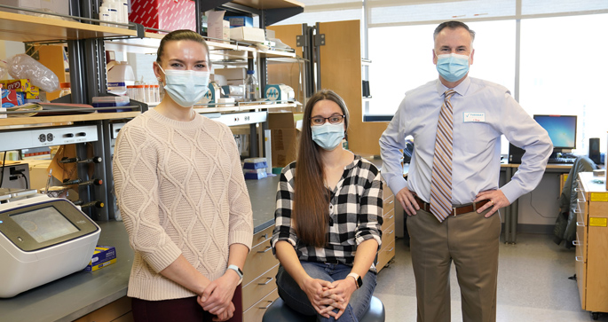 Jennifer Pilat, left, Sarah Short, PhD, Christopher Williams, MD, PhD, and colleagues are studying a biomarker for assessing disease severity and cancer risk in patients with inflammatory bowel disease.