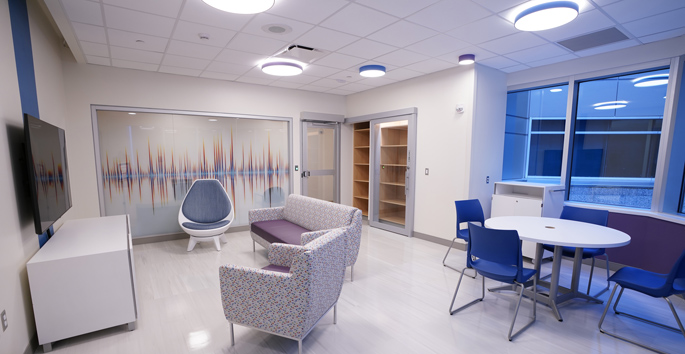 The teen cancer lounge’s main area offers video games, a big screen television, a selection of movies and streaming capabilities for favorite televisions shows, a Wi-Fi connection, and space to interact with peers.