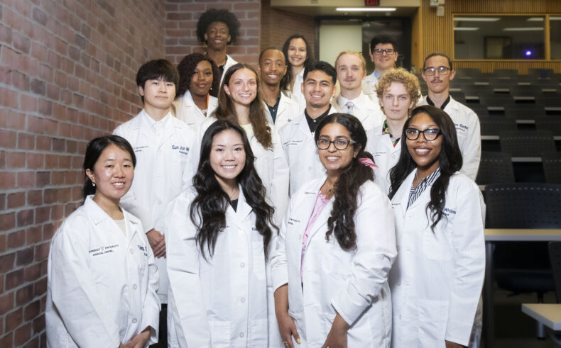 The 2024 Aspirnaut Undergraduate Summer Research Interns. Front row, from left, Dolma Choenzom, Kimberly Hoang, Martina Gergis, and Marquala Whitman. Second row, from left, Eun Jun Wang, Anna Ruth Madera, Adrian Castañeda, and Shawn Jamison. Third row, from left, Freddiemae Thompson, Jalen L. Smith, Colton Miller, and John Bister. Fourth row, from left, Ryan Anderson, Emma Meihofer, and Kyle Vallone. (photo by Susan Urmy)