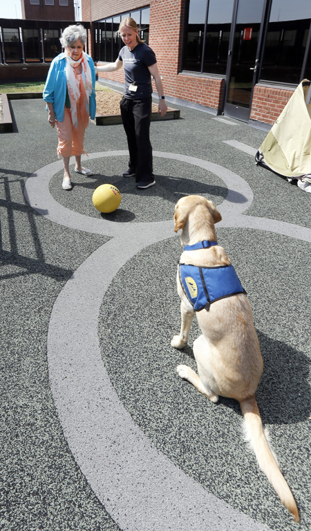 Marie Layne Cagle works on her coordination and balance with the help of facility dog Norman and Christina Durrough, PT, DPT, NCS.
