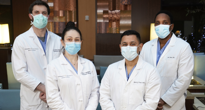 Current and former ECLS (ECMO) fellows include, from left, John Stokes, MD, Yuliya Tipograf, MD, Yatrik Patel, MD, and Sean Francois, MD.