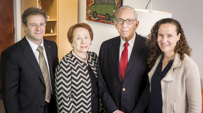 Celebrating the J. Kenneth Jacobs Fellowship in Surgery’s recent milestone were, from left, Seth Karp, MD, Ellen Jacobs, J. Kenneth Jacobs, MD, and Kyla Terhune, MD, MBA.