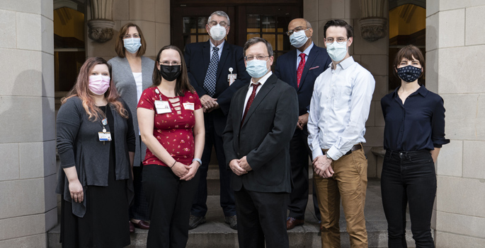 Members of the Vanderbilt Undiagnosed Diseases Program include (front row, from left) Mary Kuziura, DNP, Anna Bican, John Fahrenholz, MD, Kevin Byram, MD, Lisa Bastarache, MS, (back row, from left) Joy Cogan, PhD, John Phillips III, MD, and Rizwan Hamid, MD, PhD. 
