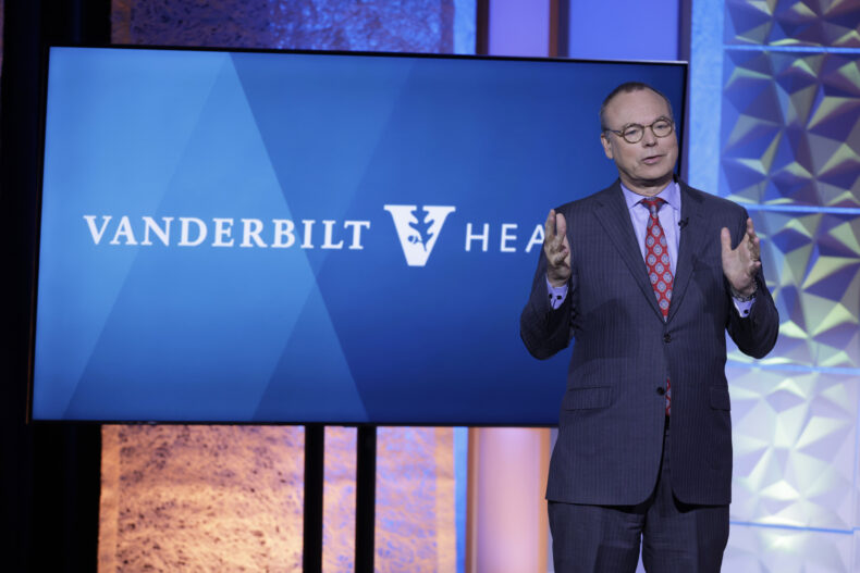 Jeff Balser, MD, PhD, talks about VUMC’s ongoing commitment to its core missions during the recent Leadership Assembly. (photo by Donn Jones)