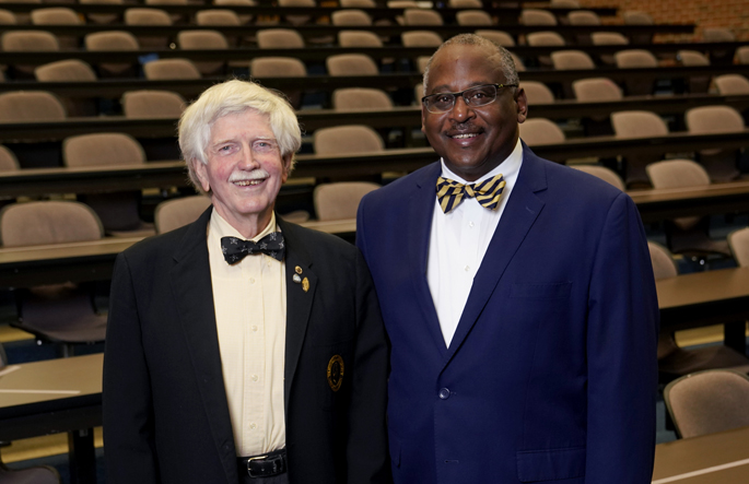 John Tarpley, MD, left, poses with Steven Stain, MD, past president of the Society of Black Academic Surgeons, before Tarpley’s lecture. 