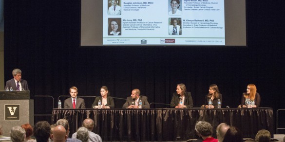 VICC investigators and clinicians headlined a community forum on Precision Medicine in Cancer. From left are Carlos Arteaga, M.D., Douglas Johnson, M.D., MSCI, Ingrid Mayer, M.D., MSCI, Justin Balko, Pharm.D., Ph.D., W. Kimryn Rathmell, M.D., Ph.D., Mia Levy, M.D., Ph.D., Christine Lovly, M.D., Ph.D. (photo by Susan Urmy)
