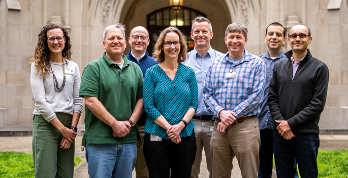 The study team includes, from left, Maribeth Nicholson, MD, MPH, Ben Spiller, PhD, Buddy Creech, MD, MPH, Borden Lacy, PhD, Eric Skaar, PhD, MPH, Isaac Thomsen, MD, MSCI, Ivelin Georgiev, PhD, and Danyvid Olivares-Villagomez, PhD.