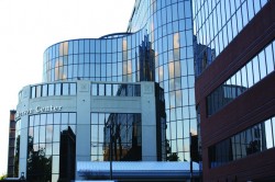 The Bill Wilkerson Center appears jewel-like in the autumn dusk.