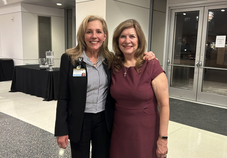 Terrell Smith, MSN, RN, right, with Karen Keady, PhD, RN, at a reception celebrating Smith’s career at Vanderbilt.