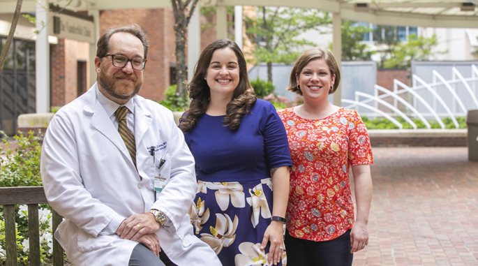 The transplant collaborative pharmacy team includes, from left, Anthony Langone, MD, Keren Johnson, PharmD, CSP, and Rachel Chelewski, PharmD, CSP.