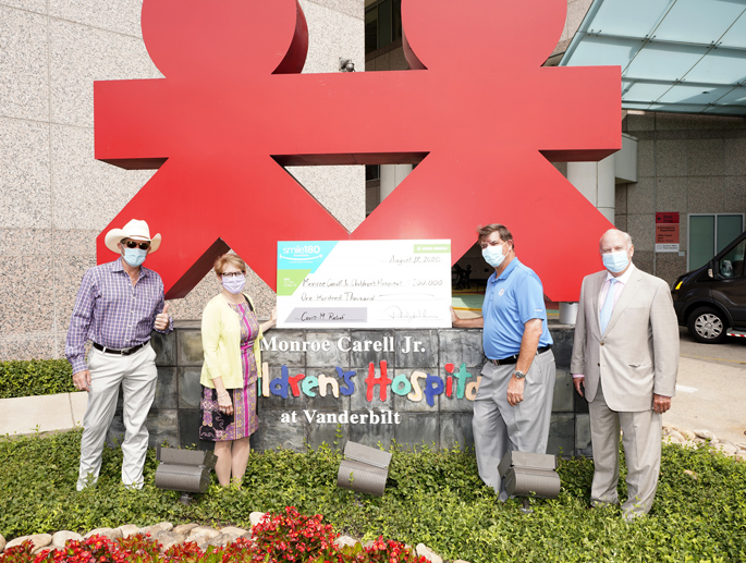 In the above photo, Delta Dental presents a check to Children’s Hospital leadership. From left are Grammy Award-winning country music artist Kix Brooks, chair of the Children’s Hospital Advisory Board, Meg Rush, MD, MMHC, President of Children’s Hospital, Phil Wenk, president and CEO of Delta Dental and John W. Brock III, MD, Senior Vice President for Pediatric Surgical Services. 