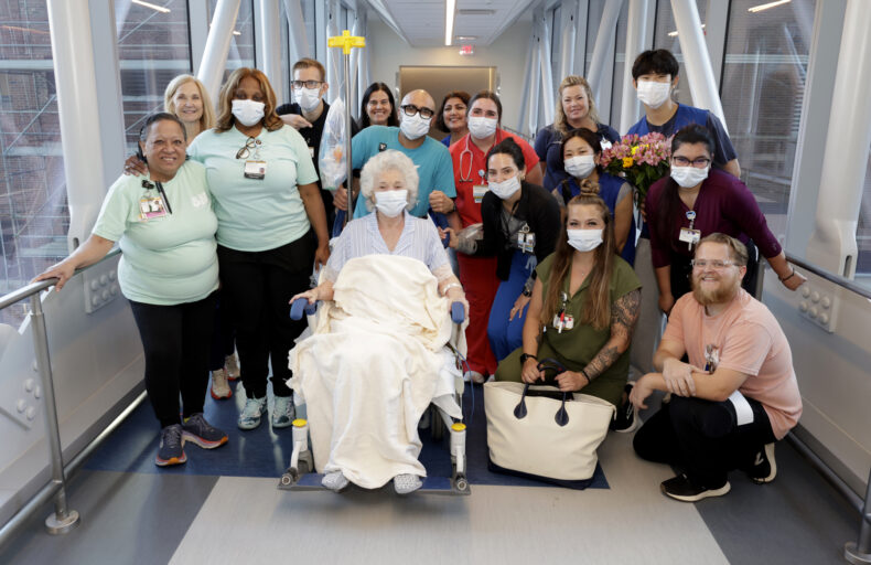 Vanderbilt Health team members helped welcome Patricia Martin as the first person to be moved to the new Jim Ayers Tower on Oct. 1. (photo by Donn Jones)
