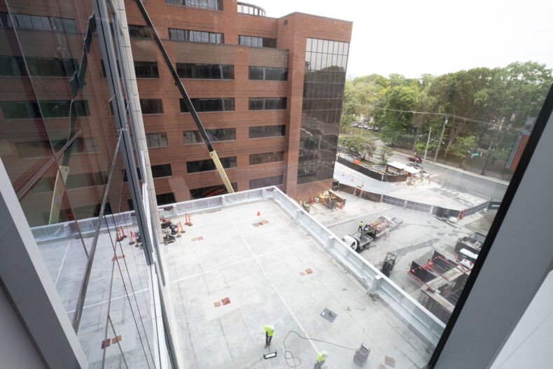 The street-level lobby of the Jim Ayers Tower will be completed in the final phase of construction. The lobby’s roof, shown here, will feature a garden viewable from higher floors. (photo by Susan Urmy)