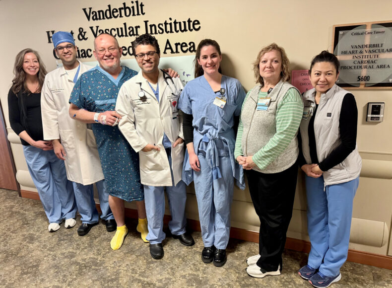 Patent Wesley Crutcher with medical team members, from left, Madeline Crego, ACNP, Kashish Goel, MD, Sandip Zalawadiya, MD, Jaime Rich, Rebecca King, RN, and Aileen Balmaceda, RN.