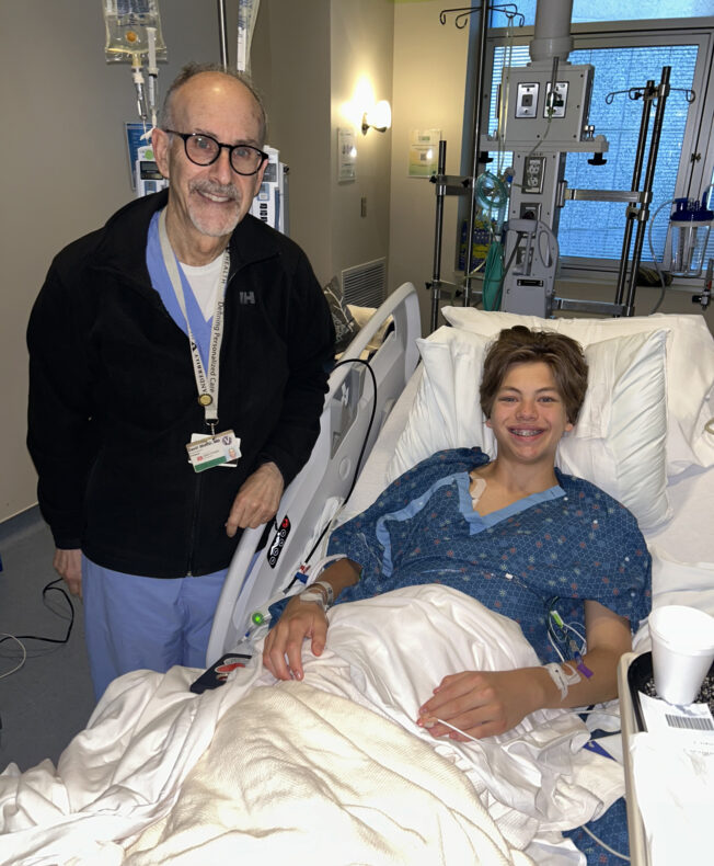 Shafer Daves after his transplant with surgeon David Shaffer, MD.