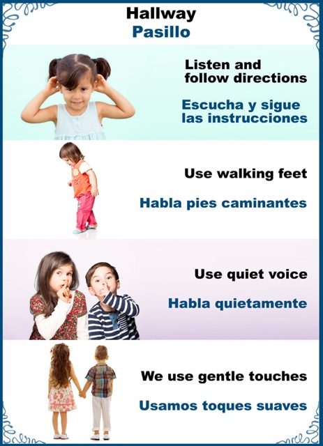 Classroom poster of hallway rules in English and Spanish.