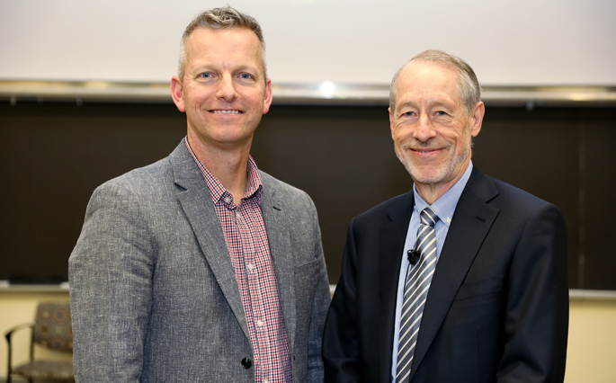 Richard Locksley, MD, right, spoke about his allergic diseases research during his recent Flexner Discovery Lecture. Here, he poses for a photo with VUMC’s Eric Skaar, PhD, MPH.