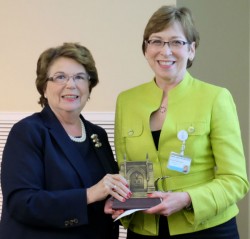 School of Nursing Dean Linda Norman (left) surprised Marilyn Dubree, executive chief nursing officer of Vanderbilt University Medical Center, with the Dean’s 2016 Award for Outstanding Service to Faculty and Students. (Vanderbilt University)