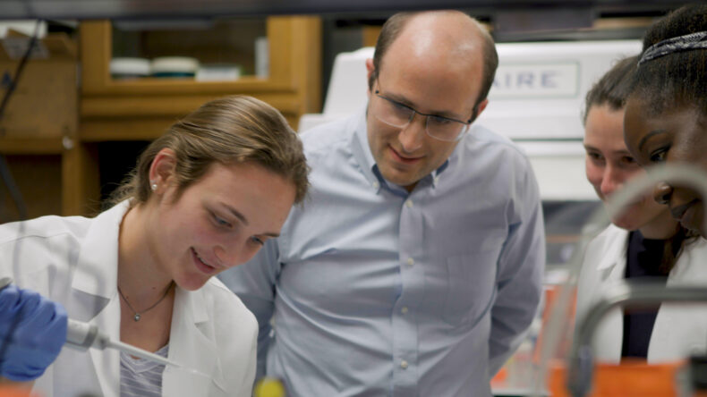 Graduate student Taralynn Mack, left, pipettes a sample while Alexander Bick, MD, graduate student Hannah Poisner, and Celestine Wanjalla, MD, PhD, look on.