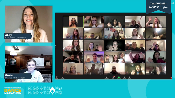 Students from Vanderbilt University video chat with Children’s Hospital patient ambassador Grace Hamilton during Dance Marathon.
