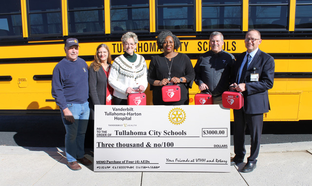 From left are Allen Harris, Tullahoma Sunrise Rotary Club president; Gina Bumbalough, TCS, Coordinated School health director; Dr. Catherine Stephens, TCS director of schools; Dr. Monica Blake Beasley, THS teacher and Rotary Interact Club sponsor; John Olive, TCS athletic director; and Rich Ellis, VTHH president. Not pictured: Allen Watts, Tullahoma Noon Rotary Club president.