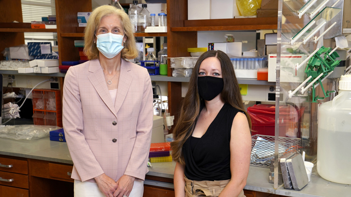 The team studying tumor suppressor protein p53 includes, from left, Jennifer Pietenpol, PhD, and Lindsay Redman-Rivera.