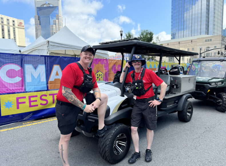 LifeFlight Event Medicine also provides coverage at other events such as this summer’s CMA Fest, where Coy Abercrombie, AEMT, left, and Matt Fuson, CCP, were among team members working the downtown Nashville music festival.